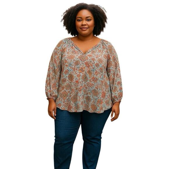 Democracy Top Women's Floral Blouse 2XL Comfort Relaxed Oversized Bohemian Boho - Picture 1 of 9